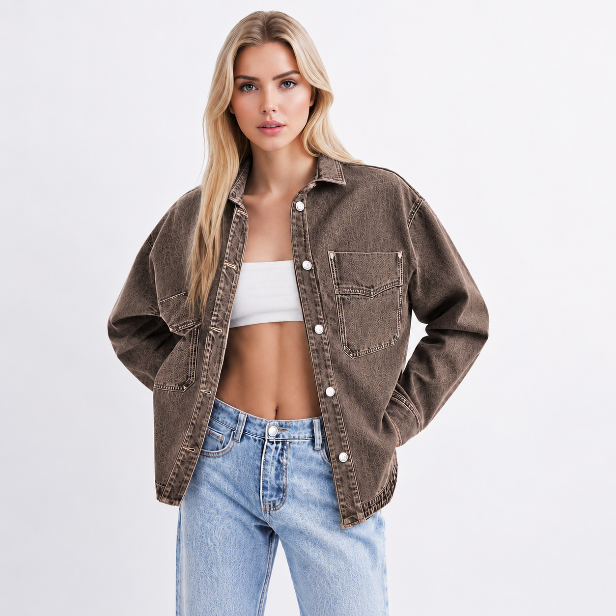 Long Sleeve Denim Jacket for Women,Drop Shoulder Curved Hem Denim, Classic Button Down Denim Jacket with Chest Pockets