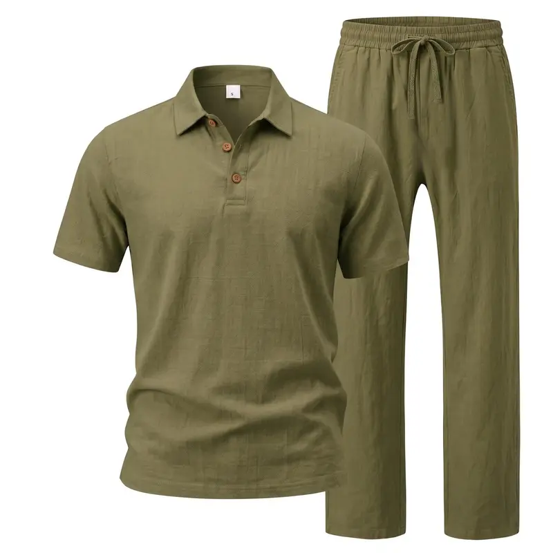 ⚡️Men’s Linen Two Piece Set, Casual Short Sleeve Button Down Shirt and Loose Long Pants Set, Lightweight Breathable Summer Outfit