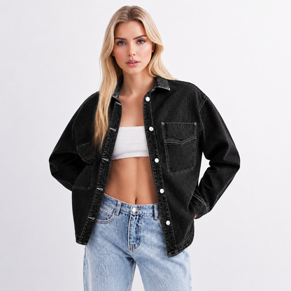 Women’s Oversized Denim Shacket Washed Denim Jacket Button Front Casual Long Sleeve Layering Outerwear