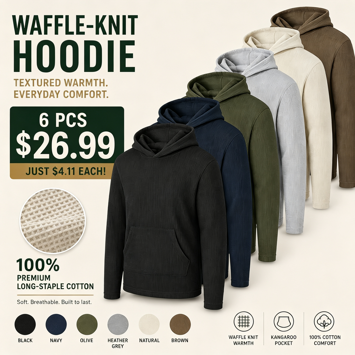 🔥 BESTSELLER | Men's Waffle-Knit Pullover Hoodies