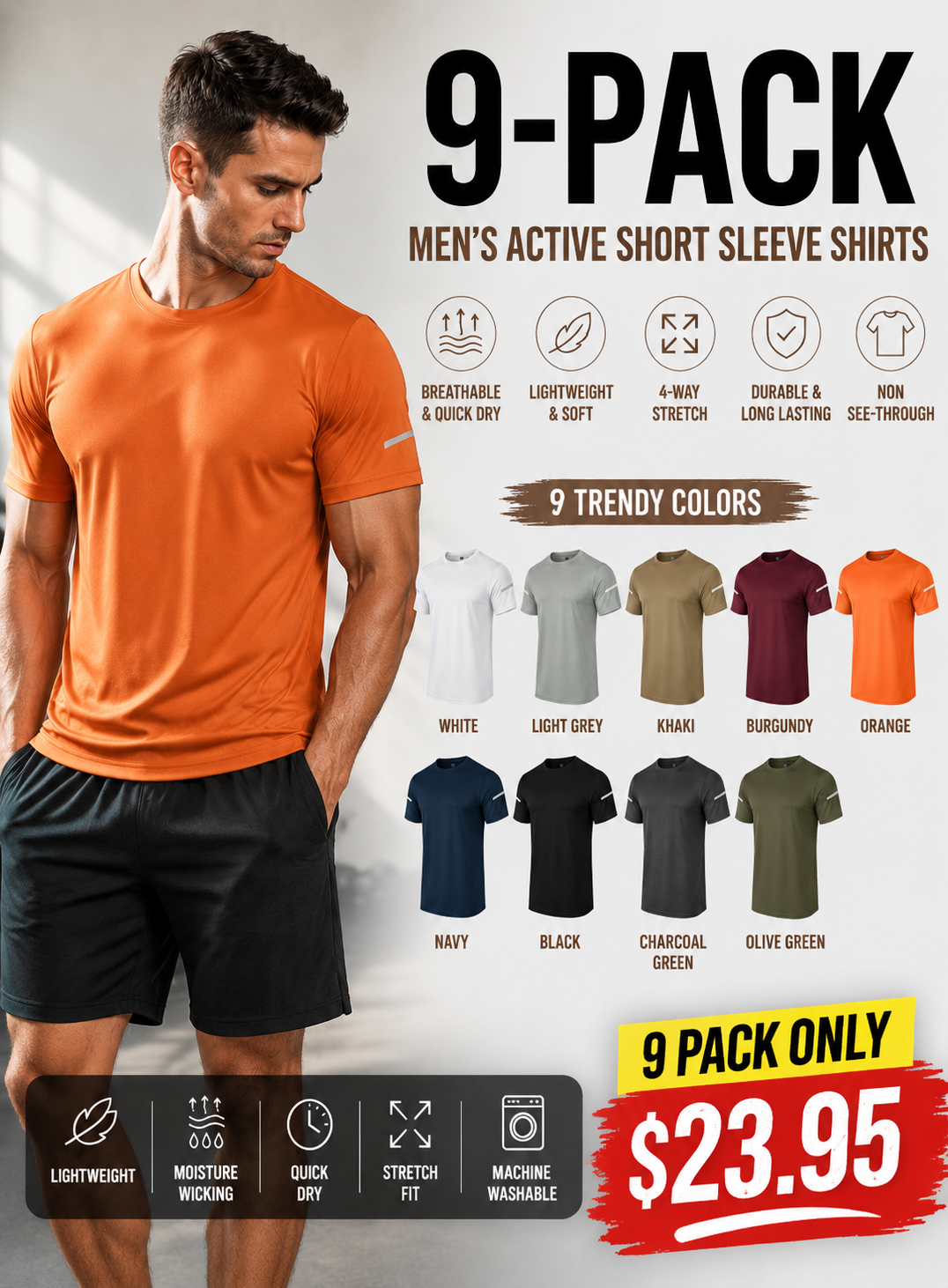 Men's Print Reflective Stripe Sports T-Shirts, Quick Drying Breathable Round Neck T-shirt,Casual Tops for Workout Running