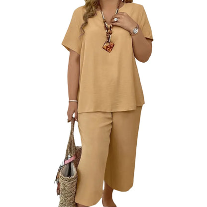 ❤️Women's Solid Short Sleeve Top & Loose Wide Leg Pants 2-Piece Set