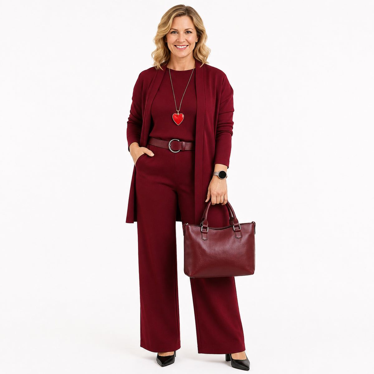 Elegant 3-piece set including long cardigan, top and pants