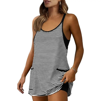 Women's Summer Sleeveless Game Day Striped Mini Dress with Built-in Shorts V Neck Spaghetti Straps Athletic Shorts Tennis Dress with Pockets
