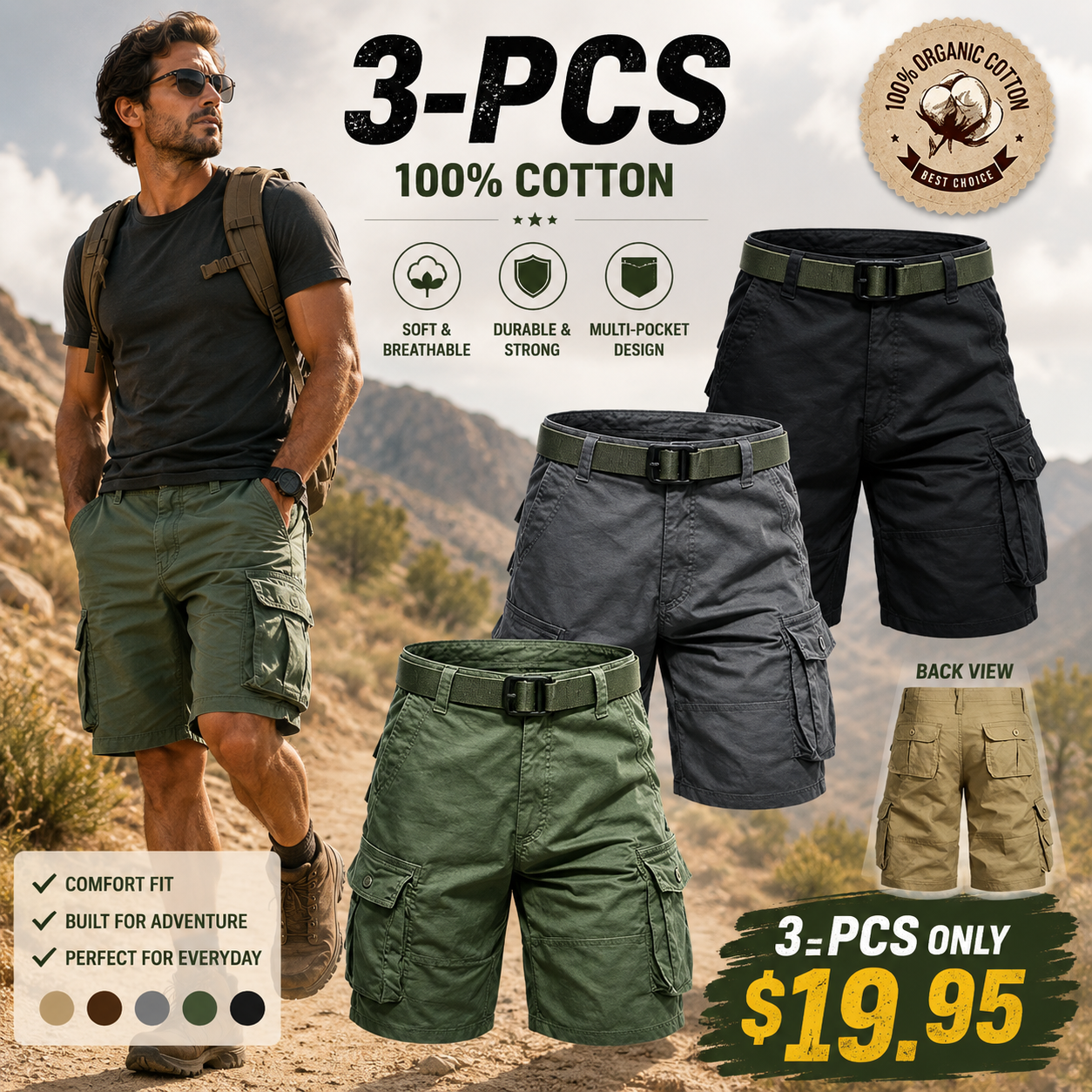 Men's Lightweight Cargo Shorts with Belt & Functional Pockets