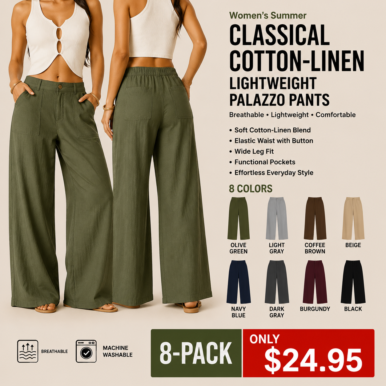 ⚡Women's Summer Classical Cotton-Linen Lightweight Palazzo Pants