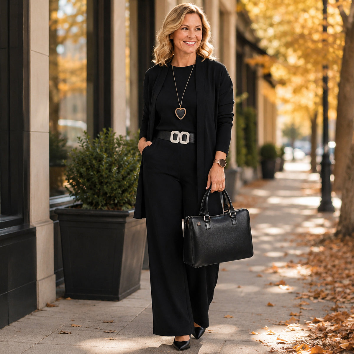 Elegant 3-piece set including long cardigan, top and pants