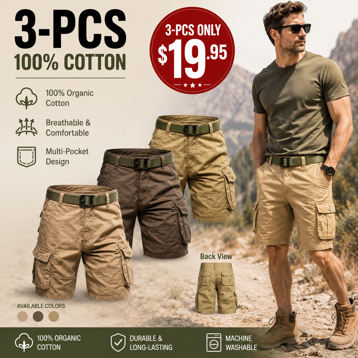 Men's Lightweight Cargo Shorts with Belt & Functional Pockets