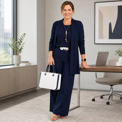 Elegant 3-piece set including long cardigan, top and pants