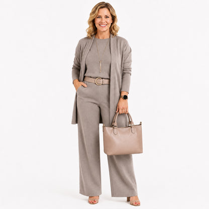 Elegant 3-piece set including long cardigan, top and pants