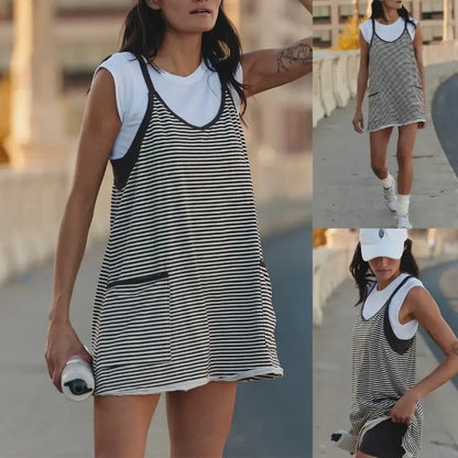 Women's Summer Sleeveless Game Day Striped Mini Dress with Built-in Shorts V Neck Spaghetti Straps Athletic Shorts Tennis Dress with Pockets