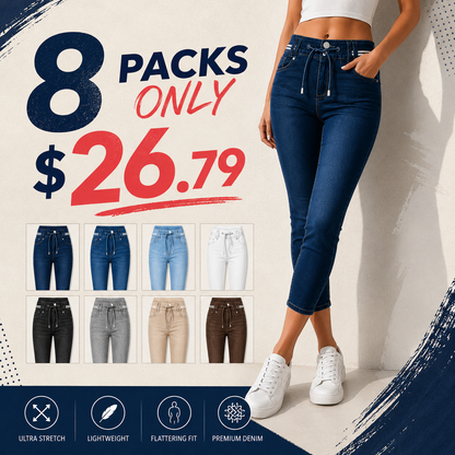 🔥Flash Sale⚡️Wash Contrast Binding Double Button Drawstring Mid Waist Capri Jeans Fit Pants High Stretch Women's Bottoms Streetwear Style