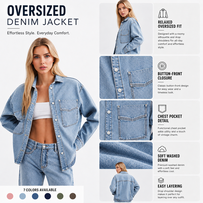 Women’s Oversized Denim Shacket Washed Denim Jacket Button Front Casual Long Sleeve Layering Outerwear