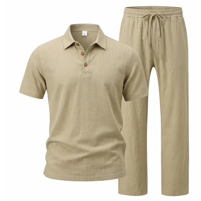 ⚡️Men’s Linen Two Piece Set, Casual Short Sleeve Button Down Shirt and Loose Long Pants Set, Lightweight Breathable Summer Outfit