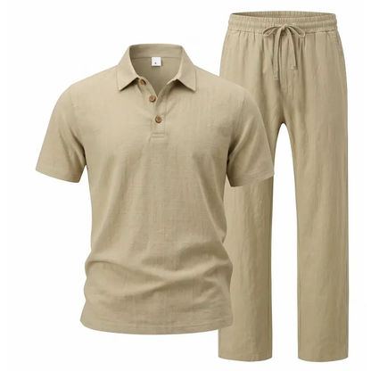 ⚡️Men’s Linen Two Piece Set, Casual Short Sleeve Button Down Shirt and Loose Long Pants Set, Lightweight Breathable Summer Outfit
