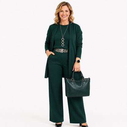 Elegant 3-piece set including long cardigan, top and pants