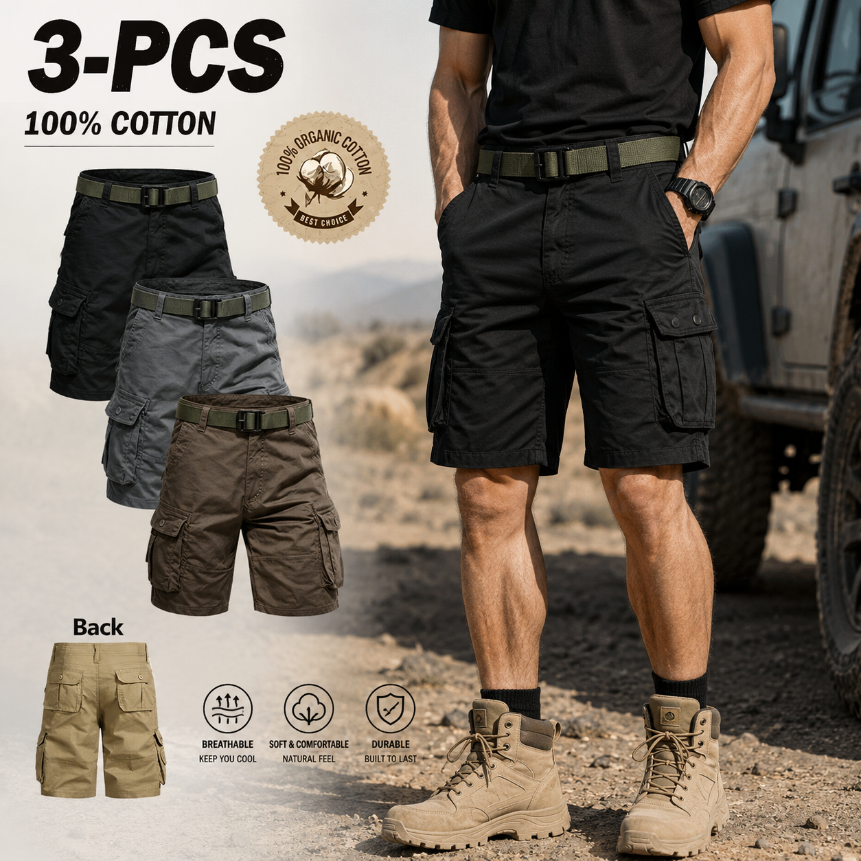 Men's Lightweight Cargo Shorts with Belt & Functional Pockets