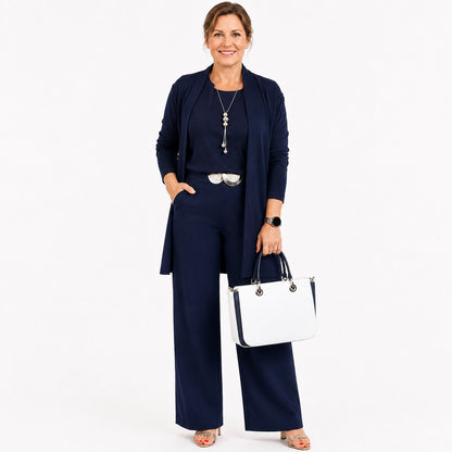 Elegant 3-piece set including long cardigan, top and pants
