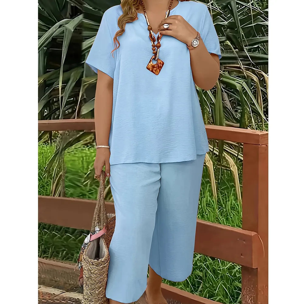 ❤️Women's Solid Short Sleeve Top & Loose Wide Leg Pants 2-Piece Set