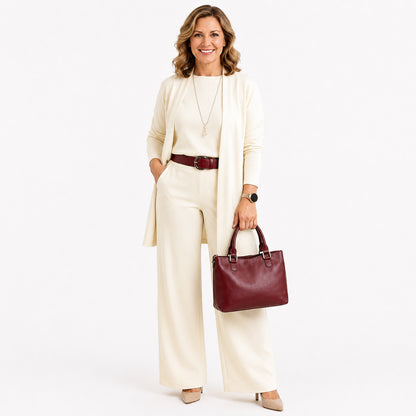 Elegant 3-piece set including long cardigan, top and pants