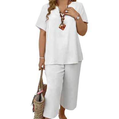 ❤️Women's Solid Short Sleeve Top & Loose Wide Leg Pants 2-Piece Set
