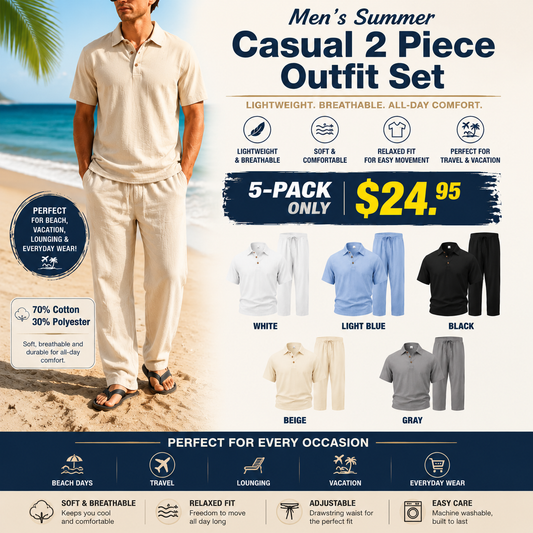⚡️Men’s Linen Two Piece Set, Casual Short Sleeve Button Down Shirt and Loose Long Pants Set, Lightweight Breathable Summer Outfit