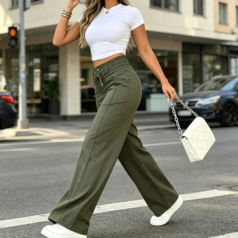 ⚡New Summer Adjustable Drawstring High Waist Wide-Leg Pants