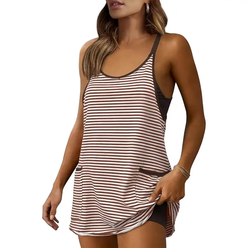 Women's Summer Sleeveless Game Day Striped Mini Dress with Built-in Shorts V Neck Spaghetti Straps Athletic Shorts Tennis Dress with Pockets