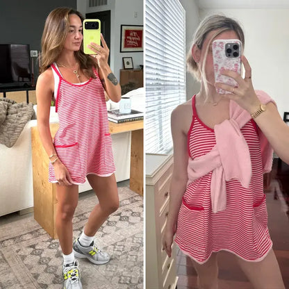 Women's Summer Sleeveless Game Day Striped Mini Dress with Built-in Shorts V Neck Spaghetti Straps Athletic Shorts Tennis Dress with Pockets