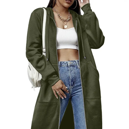 Women's Long Zip Up Fleece Hoodie Jacket - Casual Oversized Hooded Sweatshirt with Front Pockets, Soft Warm Tunic Length Coat