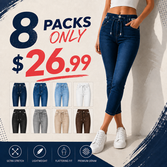 🔥Flash Sale⚡️Wash Contrast Binding Double Button Drawstring Mid Waist Capri Jeans Fit Pants High Stretch Women's Bottoms Streetwear Style