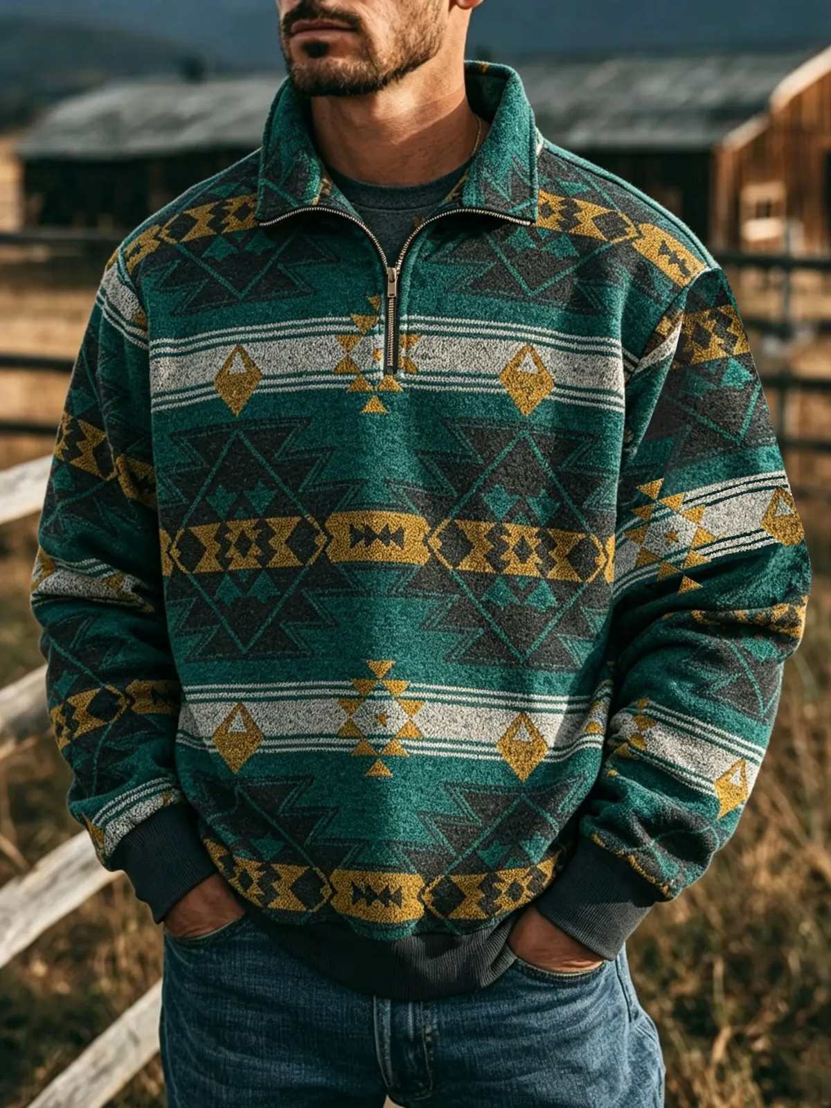 Men's Ethnic Pattern Half Zip Up Mock Neck Jacket