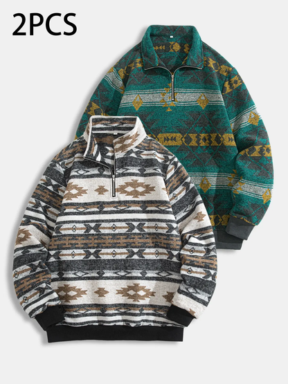 Men's Ethnic Pattern Half Zip Up Mock Neck Jacket