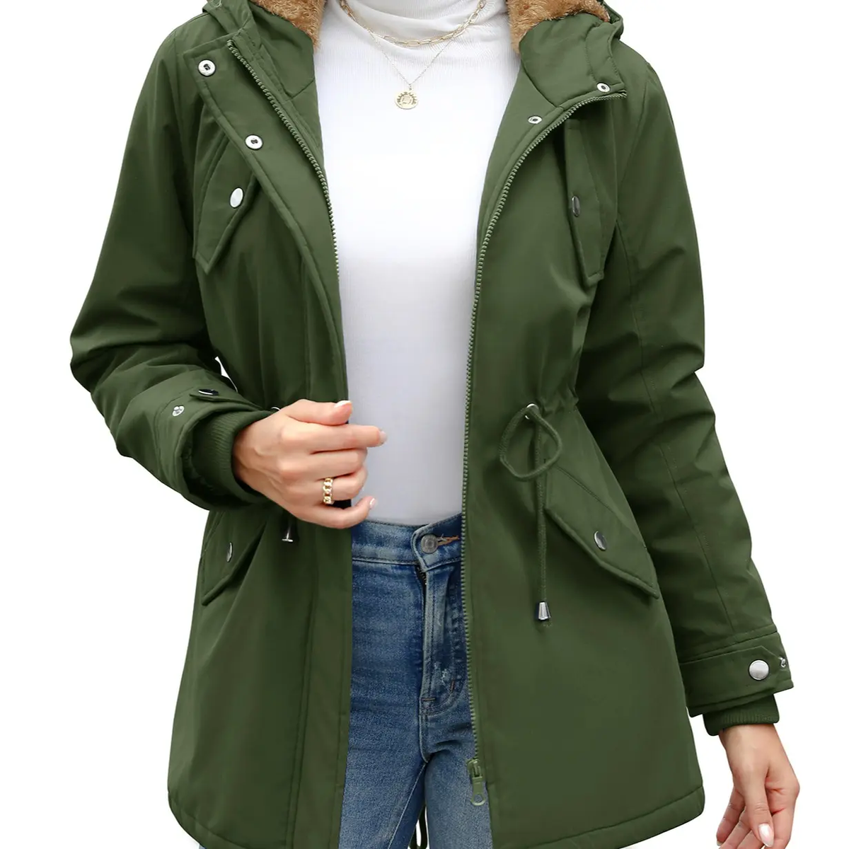 Women's Fleece Waterproof Hooded Jacket with Pockets