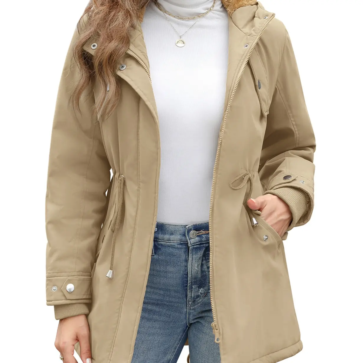 Women's Fleece Waterproof Hooded Jacket with Pockets