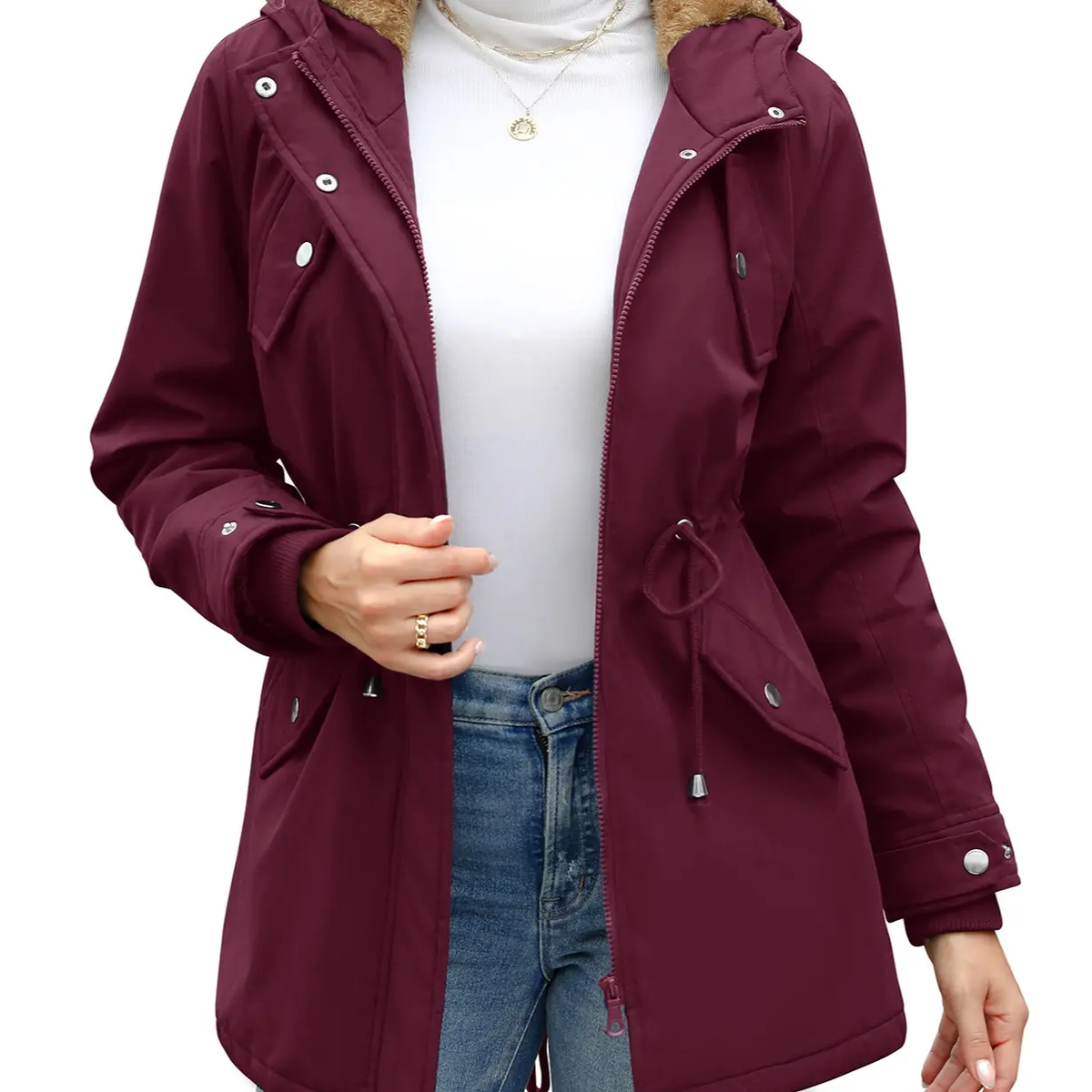 Women's Fleece Waterproof Hooded Jacket with Pockets
