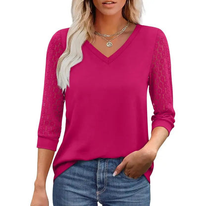 Women's V-Neck Lace 3/4 Sleeve Tunic Blouse | Elegant Business Casual Top