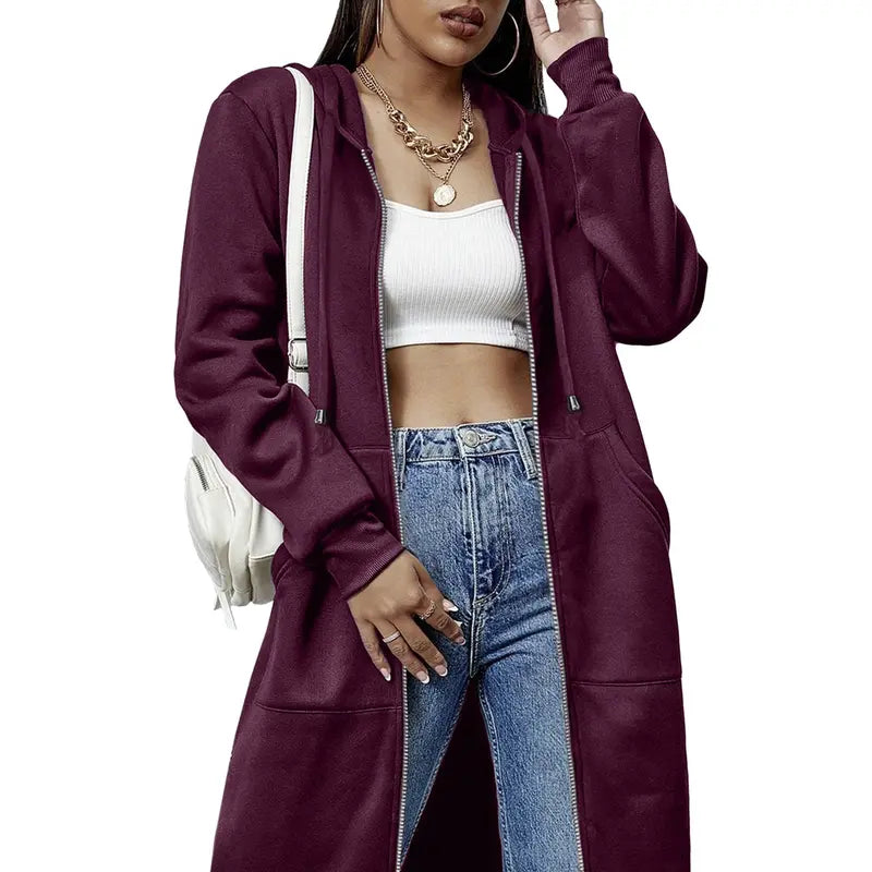 Women's Long Zip Up Fleece Hoodie Jacket - Casual Oversized Hooded Sweatshirt with Front Pockets, Soft Warm Tunic Length Coat