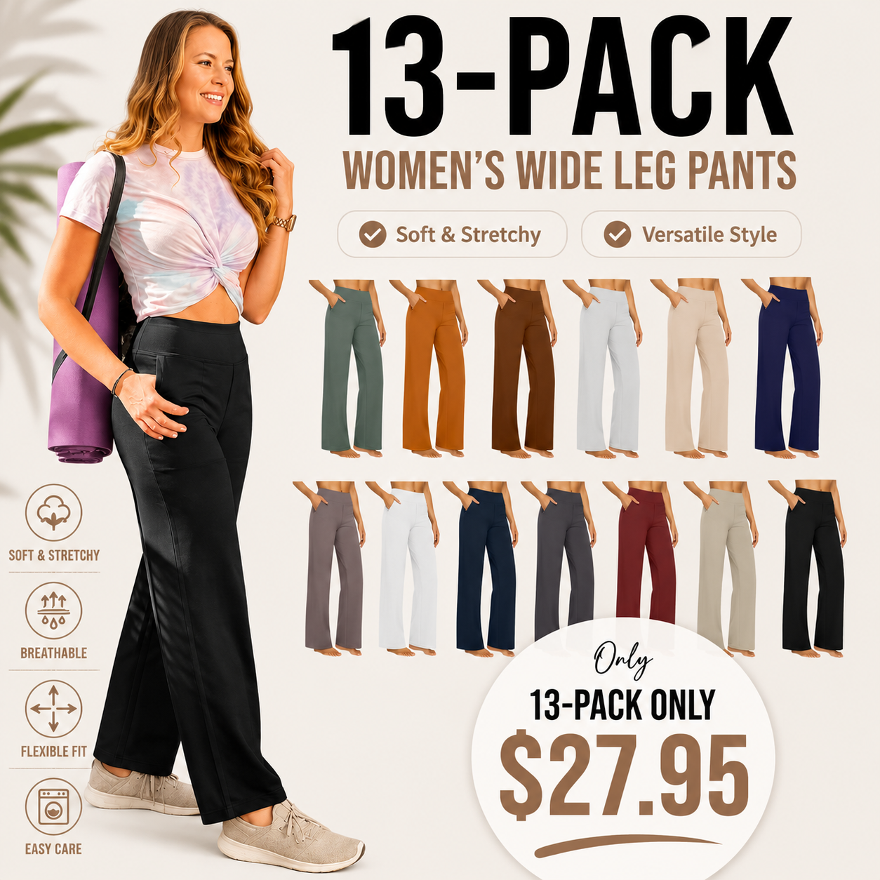 Women's High Waist Wide Leg Yoga Pants - Soft Stretch, Pockets, Curvy Plus-Size Clothes, Business Casual Pants for Women, Chic Daily Outfit