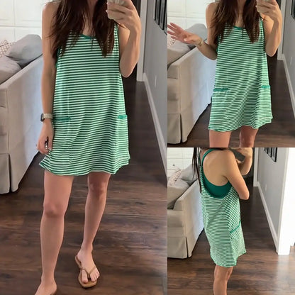 Women's Summer Sleeveless Game Day Striped Mini Dress with Built-in Shorts V Neck Spaghetti Straps Athletic Shorts Tennis Dress with Pockets