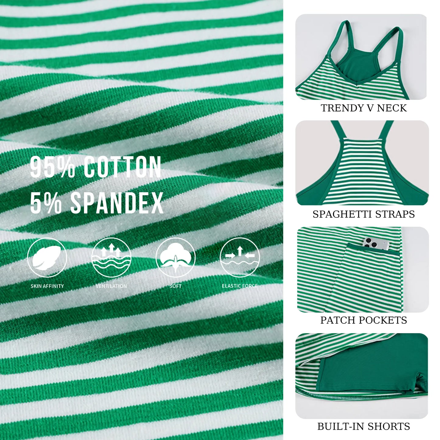 Women's Summer Sleeveless Game Day Striped Mini Dress with Built-in Shorts V Neck Spaghetti Straps Athletic Shorts Tennis Dress with Pockets