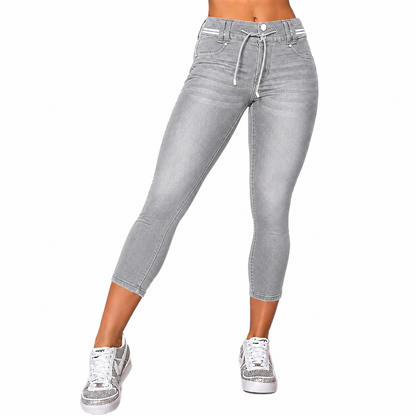 🔥Flash Sale⚡️Wash Contrast Binding Double Button Drawstring Mid Waist Capri Jeans Fit Pants High Stretch Women's Bottoms Streetwear Style