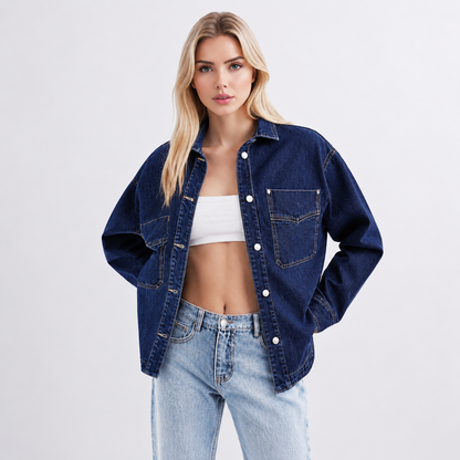 Women’s Oversized Denim Shacket Washed Denim Jacket Button Front Casual Long Sleeve Layering Outerwear