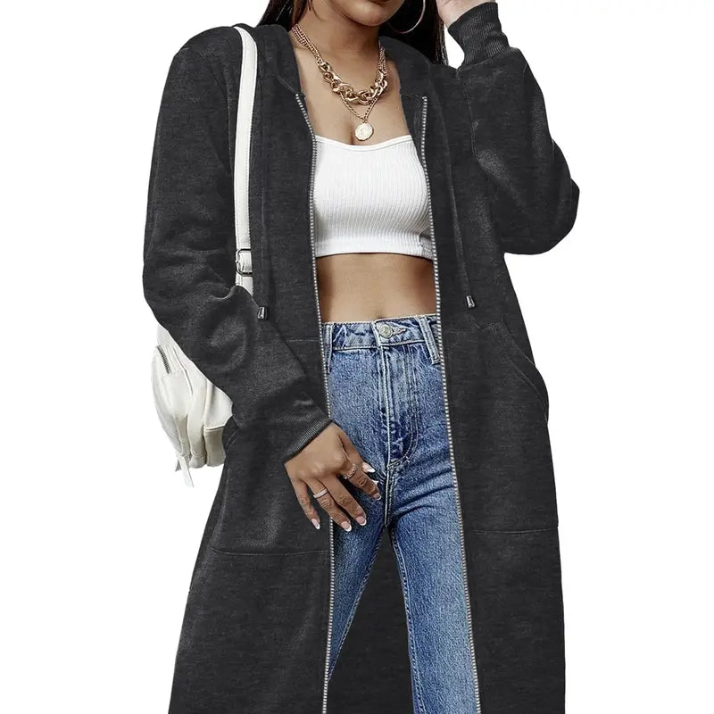 Women's Long Zip Up Fleece Hoodie Jacket - Casual Oversized Hooded Sweatshirt with Front Pockets, Soft Warm Tunic Length Coat