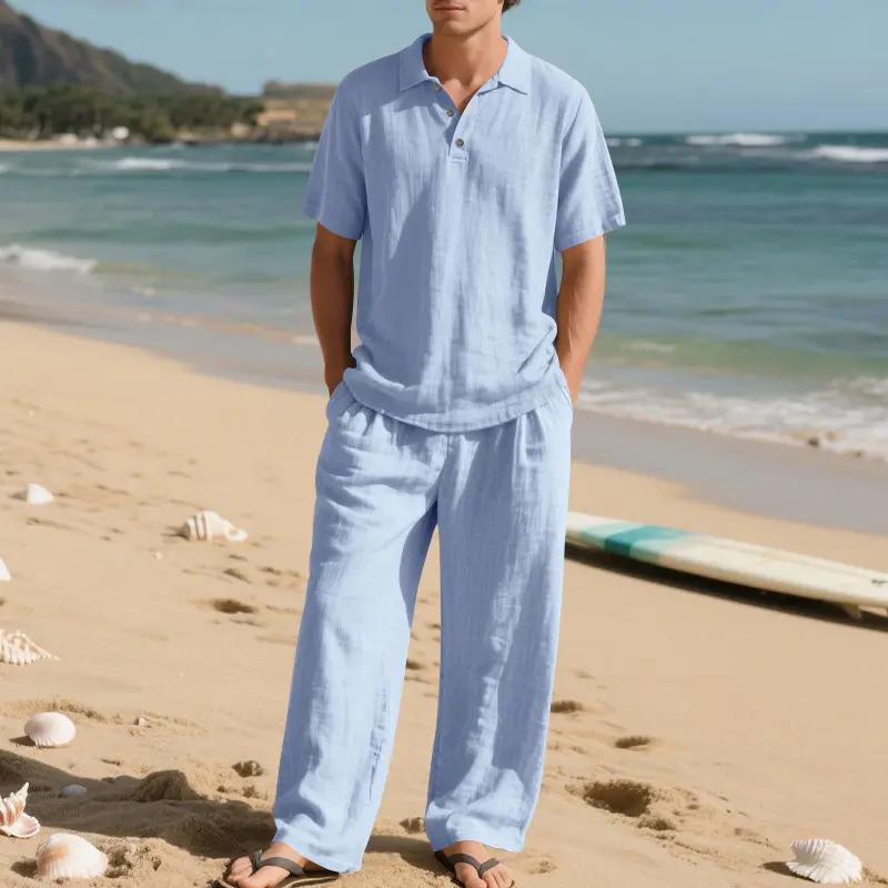⚡️Men’s Linen Two Piece Set, Casual Short Sleeve Button Down Shirt and Loose Long Pants Set, Lightweight Breathable Summer Outfit