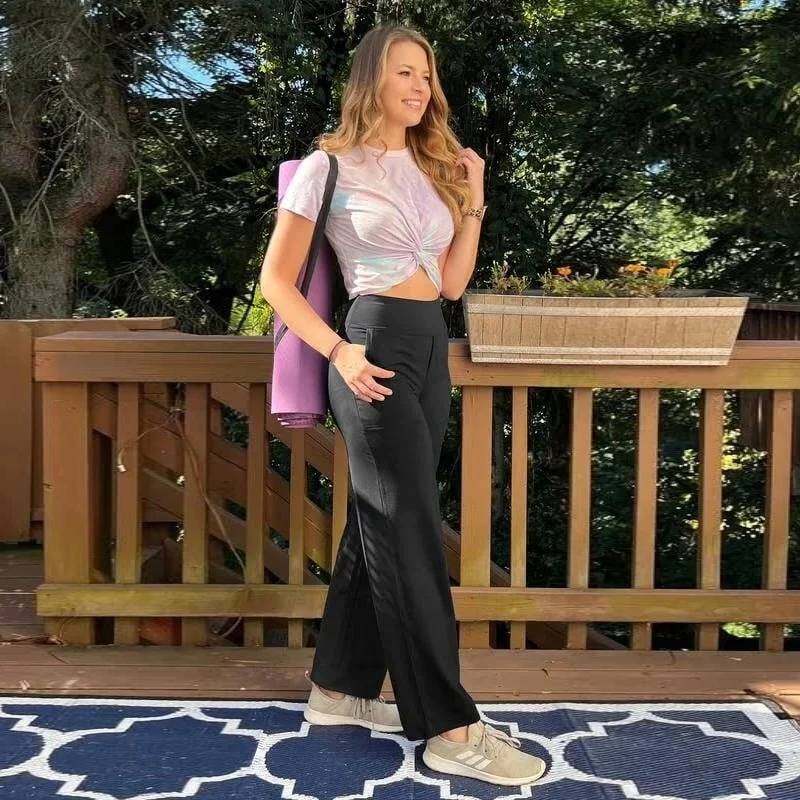Women's High Waist Wide Leg Yoga Pants - Soft Stretch, Pockets, Curvy Plus-Size Clothes, Business Casual Pants for Women, Chic Daily Outfit