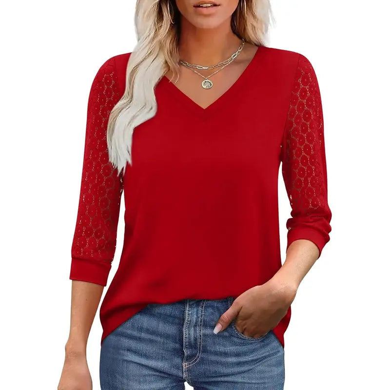 Women's V-Neck Lace 3/4 Sleeve Tunic Blouse | Elegant Business Casual Top