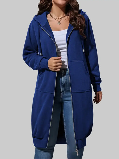 Women's Long Zip Up Fleece Hoodie Jacket - Casual Oversized Hooded Sweatshirt with Front Pockets, Soft Warm Tunic Length Coat