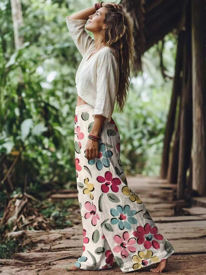 【LAST DAY SALE】Women's Casual Bohemian Style Floral Print Wide-Leg Pants